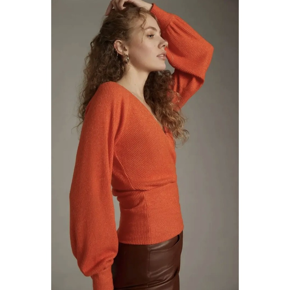 Anthropologie Womens Orange Ribbed Knit Surplice Balloon Sleeve Wrap Top Small